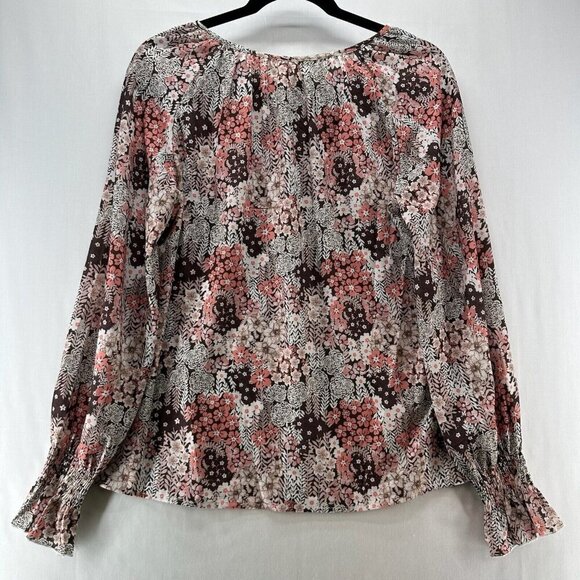 Simple Fun Tops - Simple Fun Top Womens Sz S Peasant Blouse Floral Tie Neck Long Sleeve Brown/Pink